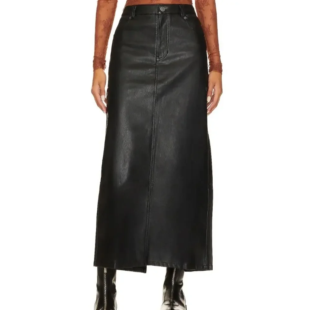 Free People City Slicker Faux Leather Maxi Skirt Black Vegan Moto Long 0 NWOT